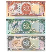 Trinidad & Tobago 2006 $1, $5, $10 Set of 3 Banknotes P46-48 Unc