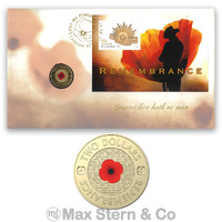 Australia 2012 Remembrance Day Red Poppy Stamp & Coloured $2 "C" mmk Coin Cover - PNC