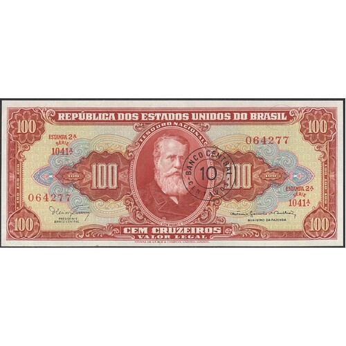 Brasil 1966-67 Ten Centavos on One Hundred Cruzeiros Banknote P185b Unc