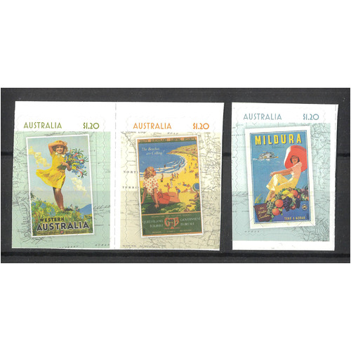 Australia 2023 The Golden Age of Travel Posters Set of 3 Self-adhesive Stamps ex booklet MUH