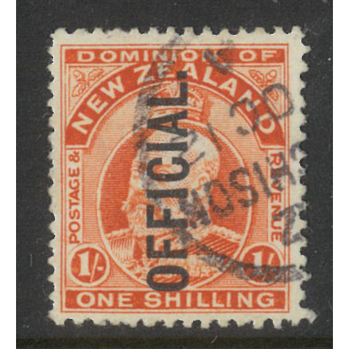 New Zealand 1910 KEVII 1/- Stamp Orange Ovpt "Official" SG O77 Fine Used 22-13