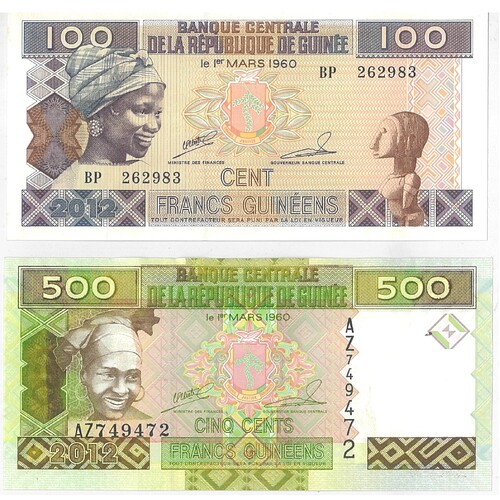 Guinea Republic 2012 100 & 500 Francs Set of 2 Banknotes P35b/39b UNC