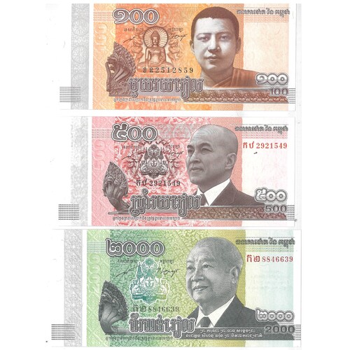 Cambodia 2013-14 Trio of 100, 500 & 2000 Riels Banknotes set P64 to P66 Unc