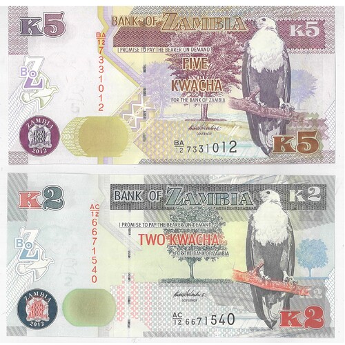 Zambia 2012 Two and Five Kwacha Pair of Banknotes P49a & P50a Unc