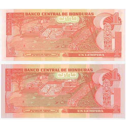 Honduras 2006-08 One Lempira Pair of Banknotes P84e & P89a Unc