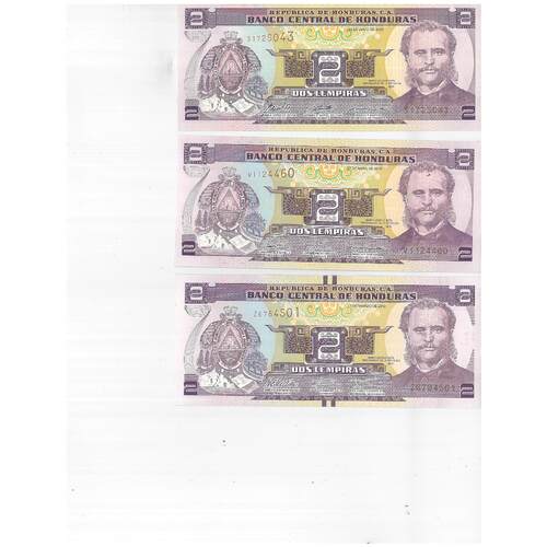 Honduras 2008-12 Trio of Two Lempiras Banknotes P80A, P90 & P97a Unc