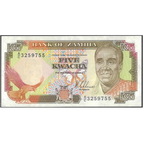 Zambia 1989 Five Kwacha Banknote P30 Unc