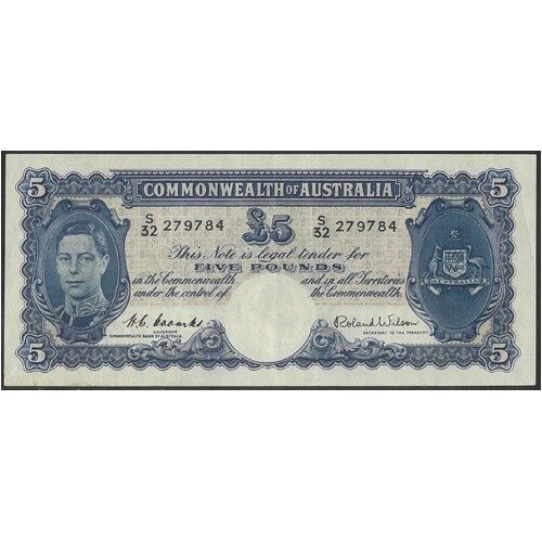 Commonwealth of Australia 1952 £5 Banknote Coombs/Wilson VF/gVF #a3