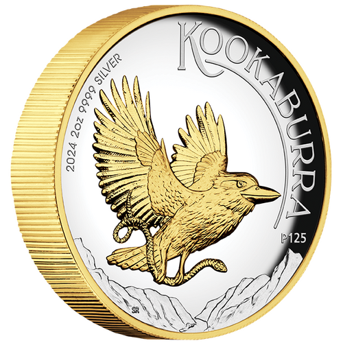 Australia 2024 Kookaburra $2 2oz Fine Silver Proof High Relief Gilded Coin