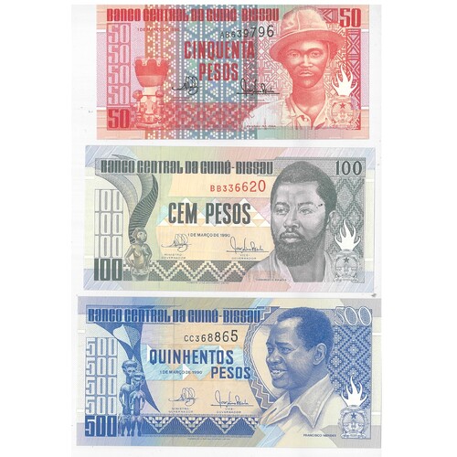 Guinea-Bissau 1990 50, 100, 500 Pesos Set of 3 Banknotes P10 to P12 Unc