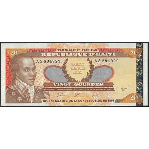 Haiti 2001 20 Gourdes Constitution Bicentenary Banknote 6 digit serial no P271A Unc