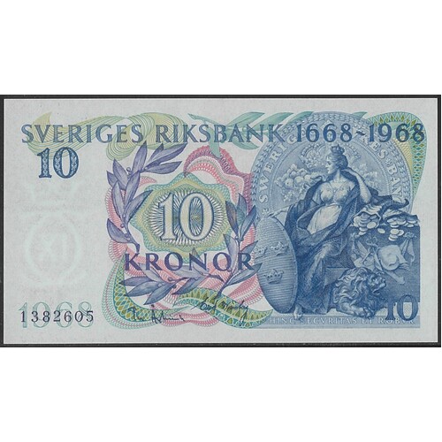 Sweden 1968 Ten Kronor Commemorative 300 Years Bank Anniv. Banknote P56 Unc