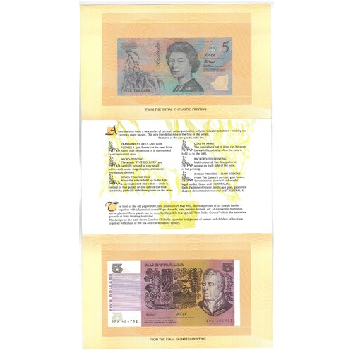 Australia 1992 First Polymer & Last Paper $5 Banknotes UNC in folder