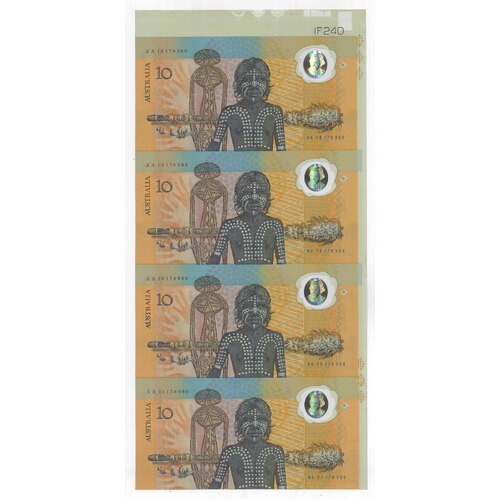 Australia 1988 $10 Aboriginal Polymer Banknote in Uncut Sheet of 4 Johnston/Fraser UNC