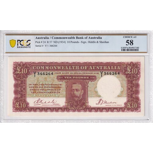 Australia 1934 Ten Pounds Riddle & Sheehan Banknote PCGS Choice UNC 58