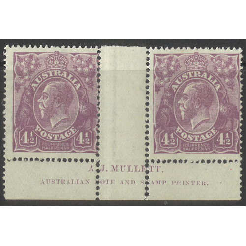 Australia KGV Single Crown WMK 4½d Stamp Violet with Variety MUH Pair #AU56