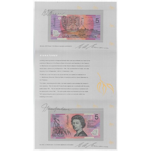 Australia 1996 Premium Folder of Two $5 UNC Banknotes - Change of Signatory