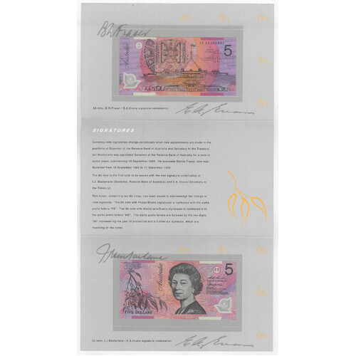 Australia 1996 Deluxe Folder of Two $5 UNC Banknotes - Change of Signatory