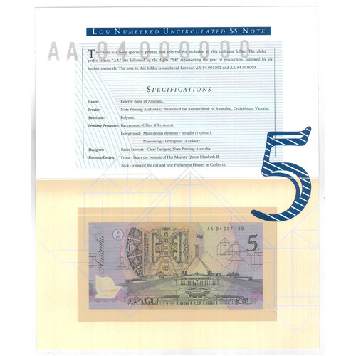 Australia 1994 Deluxe Folder of $5 UNC Banknotes Low Numbered AA Prefix