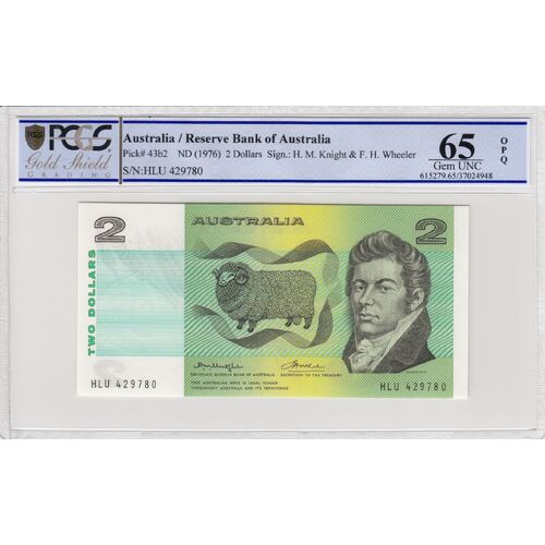 Australia 1976 $2 Banknote Knight & Wheeler,  PCGS Gem UNC 65 