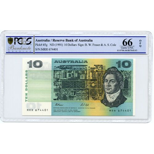 Australia 1991 $10 Banknote Fraser & Cole  PCGS 66