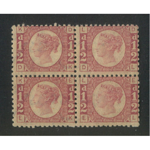 Great Britain 1870 QV ½d Rose-Red ('DK-EL') Plate 8 Block/4 Stamps SG48 MUH 3-1