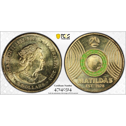 Australia 2023 Matildas - Light Green $2 Coloured Coin PCGS MS64