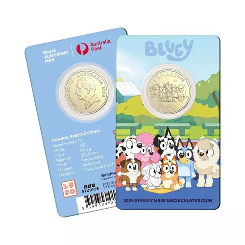 Australia 2024 Bluey $1 Privy Mark Coin in Card -  Bluey, Bingo & Friends