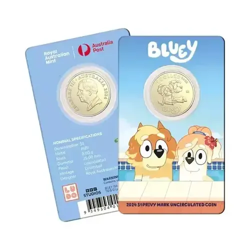 Australia 2024 Bluey $1 Privy Mark Coin in Card -  Uncle Rad & Frisky