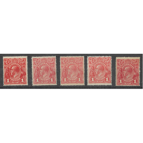 Australia KGV Stamps Single Crown WMK 1d Red Series of 5 Shades MVLH #AU50