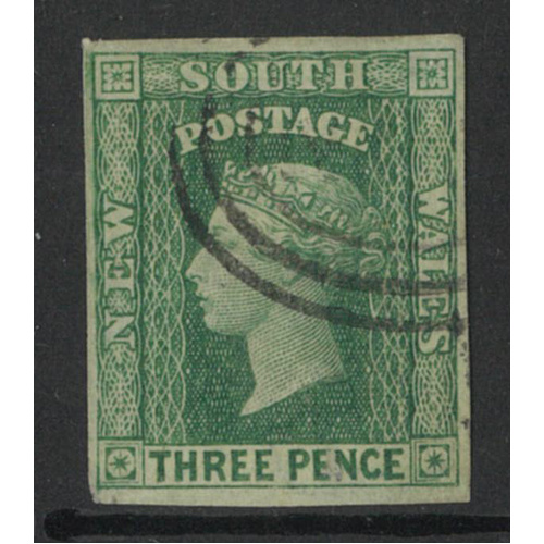 New South Wales 1856 Queen Victoria 3d Stamp Yellow-Green SG115 Four Margins Fine Used