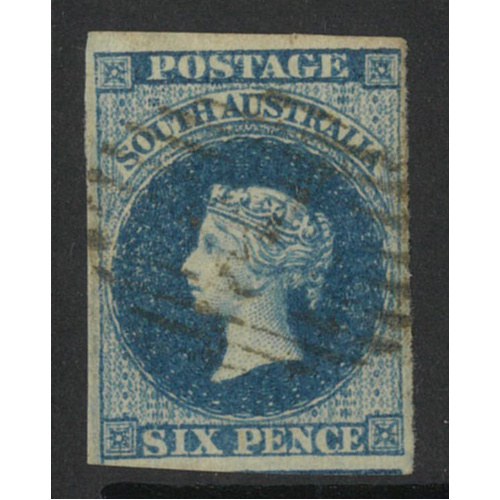 South Australia 1855 Queen Victoria 6d Stamp Deep Blue SG3 Four Margins Fine Used