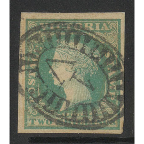 Victoria 1854 QV Woodblocks 2/- Stamp Dull Bluish Green SG35 Four Margins Fine Used