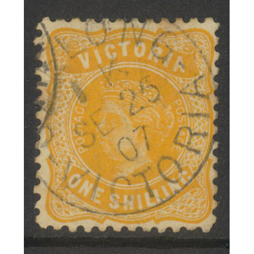 Victoria 1906 QV p11 1/- Stamp Yellow-Orange SG442 Fine Used with Certificate