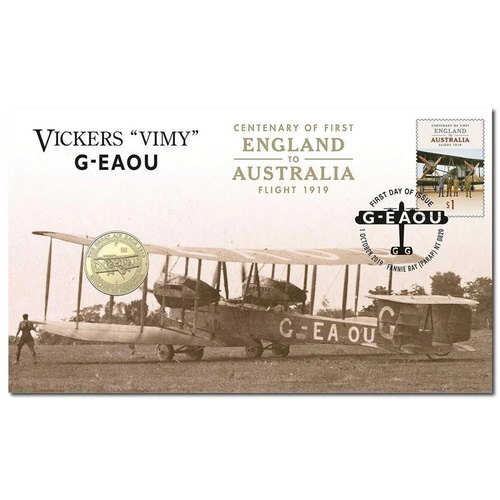 Australia 2019 Centenary of First Flight Vikers VIMY G-Eaou Stamp & $1 Coin PNC