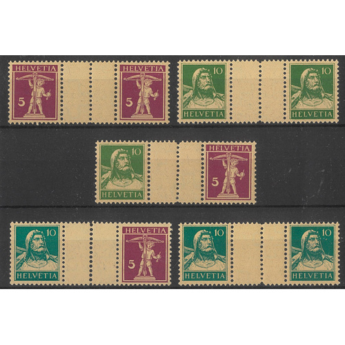 Switzerland c.1920s-30s Small Holes Gutter Pairs 10 Stamps Zum S34/38 MUH 6-12