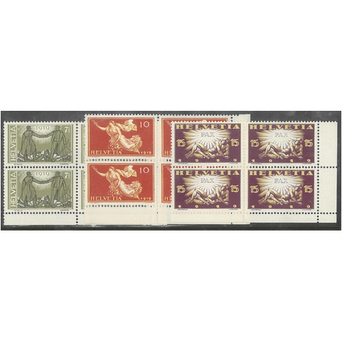 Switzerland 1919 Peace Set/3 Stamps in marginal blocks/4 Scott 190/92 MUH 6-13