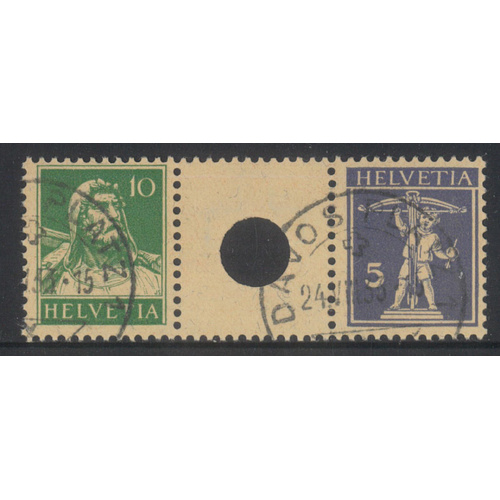 Switzerland 1924 10c+5c Large Hole Gutter Pair Stamps Zum S27 Fine Used 6-15