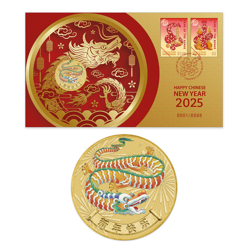 Australia 2025 Happy Lunar New Year Stamps & $1 Coloured Coin PNC