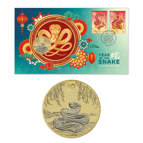 Australia 2025 Lunar New Year of The Snake Stamps & $1 Perth Mint Coin PNC