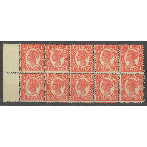 Queensland 1897-98 QV 1d Vermilion Zigzag Rouletted Block/10 Stamps MUH 6-29