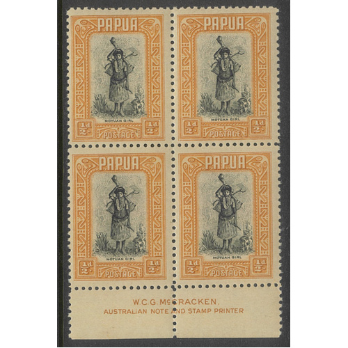 Papua 1940 ½d Motuan Woman McCracken Imprint Block 4 Stamps SG130a MUH 7-8