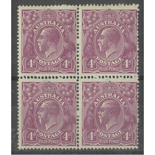 Australia KGV Single Crown WMK 4d Violet SG64 Block/4 Stamps MUH 10-2