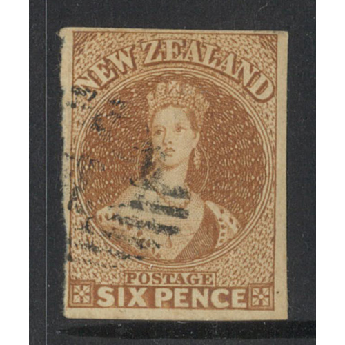 New Zealand 1857 No WMK QV 6d Stamp Chestnut SG15 Four Margins Fine Used 11-1