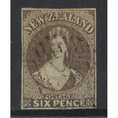 New Zealand 1862 WMK Large Star QV 6d Stamp Brown 4 Margins SG42 Fine Used 11-1