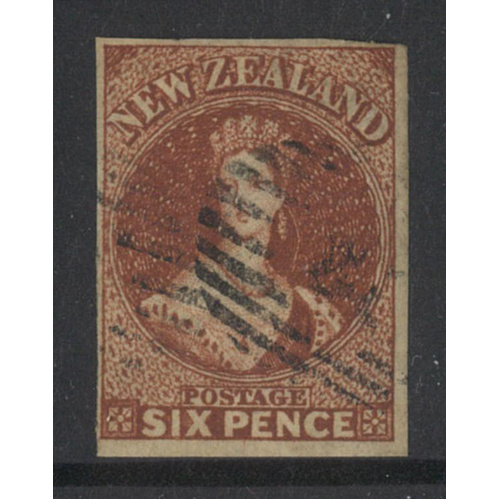 New Zealand 1863 WMK Large Star QV 6d Stamp Red-Brown 4 Margins SG43 FU 11-1