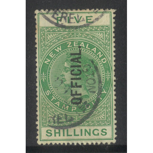 New Zealand 1915 QV Fiscal 5/- Stamp p14½x14 Ovpt "Official" SG O86 FU 11-1