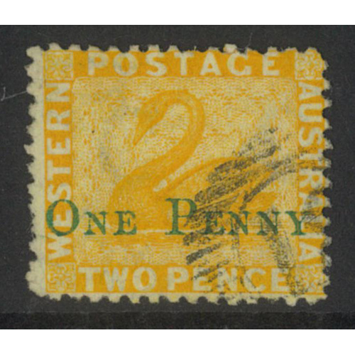 West Australia 1874 Swan One Penny on 2d Stamp Yellow SG67 Fine Used