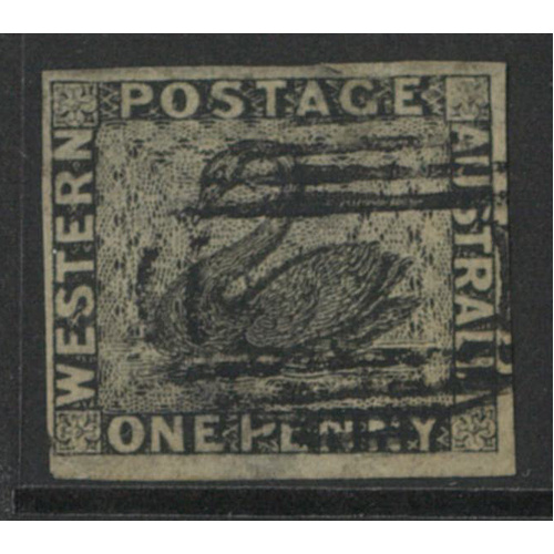 West Australia 1854 Swan 1d Stamp Black Imperf with 4 Clear Margins SG1 Used