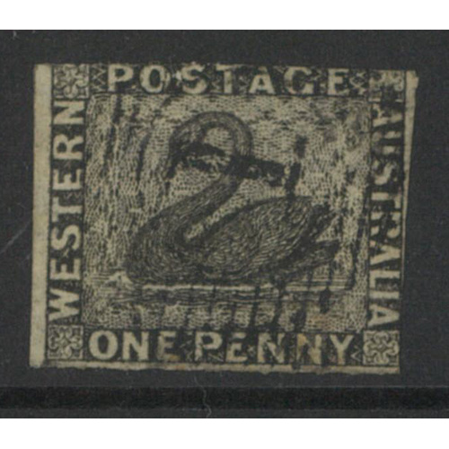 West Australia 1854 Swan 1d Stamp Black Rouletted SG2 Used